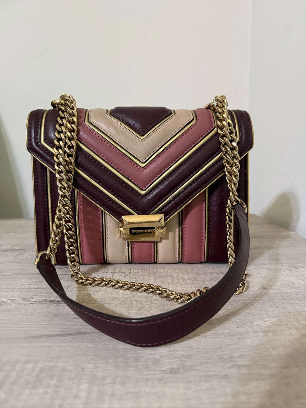 Quilted Chevron Chain Shoulder Bag - Burgundy, Pink & Cream